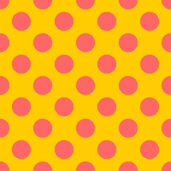 Seamless vector pattern or texture with pink polka dots on neon yellow background. For cards, invitations, websites, desktop, baby shower card background, party, web design, arts and scrapbooks.