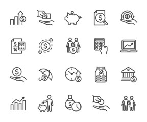 Vector set of money income line icons. Contains icons profit, expenses, income tax, pension fund, piggy bank, loan, income protection, profit and loss and more. Pixel perfect. - obrazy, fototapety, plakaty