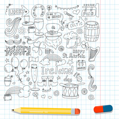 St. Patrick s Day set with hand-drawn icons. A doodle of beer, Ireland, pub, party, bar. Template for a postcard, invitation, advertisement or banner for the Irish holiday of March 17. Vector