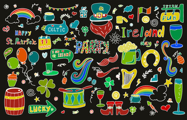 St. Patrick s Day set with hand-drawn icons. A doodle of beer, Ireland, pub, party, bar. Template for a postcard, invitation, advertisement or banner for the Irish holiday of March 17. Vector