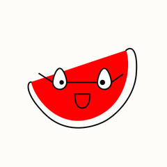 A colorful bright funny character with a face and emotions. The drawing style is vector spot and lines. Watermelon with glasses