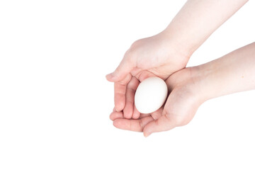 White chicken egg in female palms over white background.