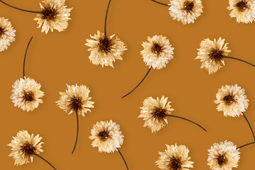 Obraz premium Floral pattern made of Dried flowers and eucalyptus on beige background. Flat lay, top view