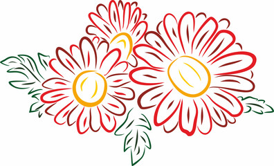 Vector silhouette of a red flower. Drawn colored dahlia, camomile. Bud with stem and leaves.
