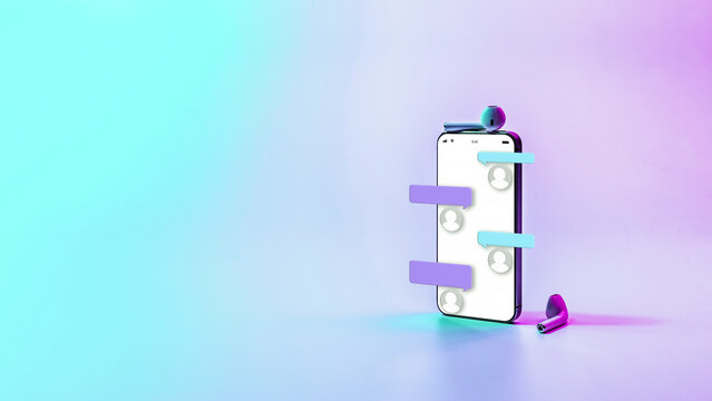 Online dialog sms chat. Message conversation on smartphone screen. New incoming message, sms, spam on neon background.