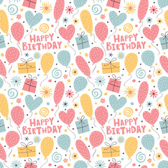 Happy Birthday. Seamless pattern with balloons, gifts and hearts.