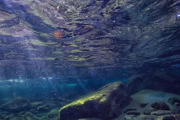 Tuinposter underwater fresh water landscape, mountain lake ecosystem background in summer, under water view © kichigin19