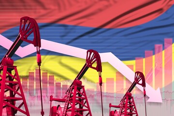 lowering down chart on Mauritius flag background - industrial illustration of Mauritius oil industry or market concept. 3D Illustration