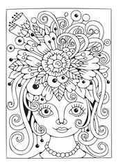 Coloring page for children and adults. Girl with a beautiful hairdo with flowers.
