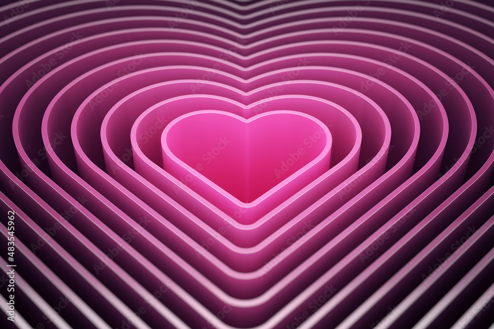 Poster 3d render background of smooth lines in the shape of a heart from purple to dark with dof
