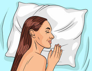Color vector illustration of a woman sleeping. A beautiful girl with dark long hair sleeps on her side. The girl dreams in her bed. A young girl is resting on a white pillow.