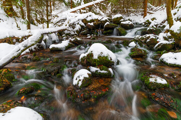 Waterfall, winter, river, tree, forest