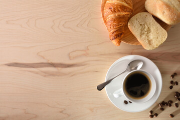 Background with breakfast table with coffee and pastries top view