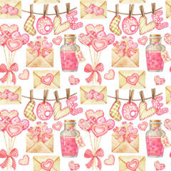 Watercolor seamless pattern of Valentine’s day. Symbols of Valentine's Day: hearts, valentines, gifts, garland, love. Hand drawn watercolor pattern on a white background.