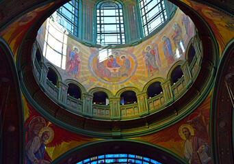 The mosaic decoration of the dome of the temple was made by a team of artists led by Vasily Nesterenko. Moscow, Russia, 10.09.2021