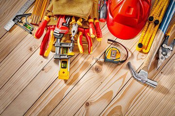 Carpentry Tools Set On Background Of Wooden Boards Construction Concept