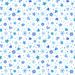 Seamless pattern with blue hearts, stars and snowflakes. Watercolor illustrations on white background.