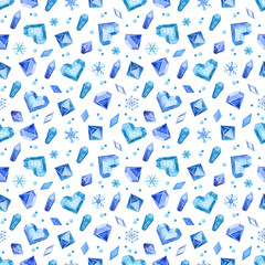 Seamless pattern with Blue Icy hearts, snowflakes and crystals. Valentine's Day, Romantic watercolor illustrations on white background