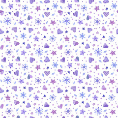 Seamless pattern with purple, pink and violet hearts, stars and snowflakes. Watercolor illustrations on white  background.