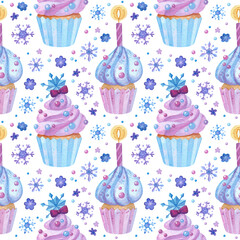 Birthday cupcakes, frozen sweets, ice and snowflakes. Pink and purple food, watercolor illustrations on white background.