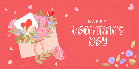 Valentine's Day banner with open envelope and flowers. Holiday Gift Card for advertising, web, social media and fashion ads. Poster, flyer, greeting card, header for website. Vector flat Illustration