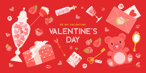 Valentine's day vector banner with cute romantic elements on red background. Holiday Gift Card for advertising, web, social media and fashion ads. Poster, flyer, greeting card, header for website