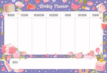Weekly planner with cute hearts, gift box, peony and rose flower, sweets, candle and drinks. Cute Template page on violet background. Flat style vector illustration. Valentines day and love concept