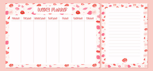 Weekly planner and to do list with lips and heart pattern. Template page on pink background. Flat style vector illustration. Valentines day, holiday, fashion, wedding