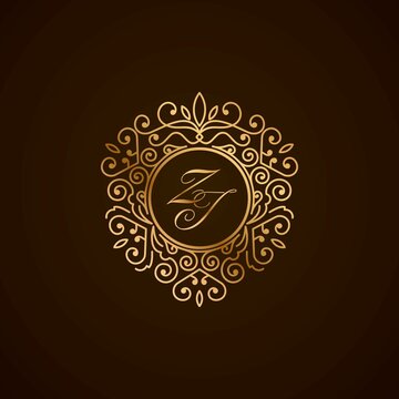 ZJ logo initial Love ornament emblem. Initial luxury art vector mark logo, gold color on brown background.