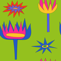 Seamless bright pattern of fancy colors in the hippie style of the 60-70s for fabric, packaging, printing, wallpaper, website.