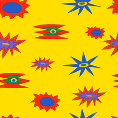 Seamless pattern of fancy colors in the hippie style of the 60-70s for fabric, packaging, printing, wallpaper, website. Bright vector illustration.