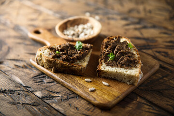 Traditional olive tapenade on toast
