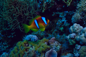 Naklejka na ściany i meble anemone fish, clown underwater orange fish sea background aquarium