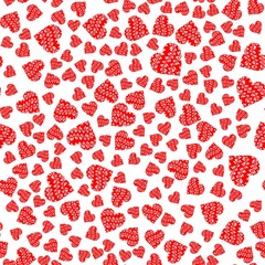 Endless abstract seamless pattern of simple red hearts of different sizes. Universal print for Valentine's Day, for apps and websites. Wallpaper for wrapping paper..