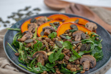 Salad with baked pumpkin, lentils 