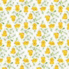 Seamless vector pattern with cute yellow easter chicks on a white background.