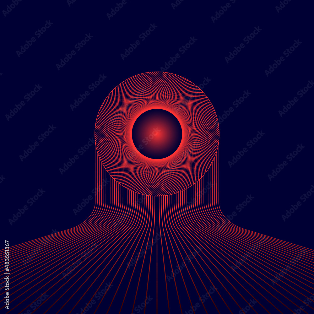 Poster red circle over lines to horizon on dark background.