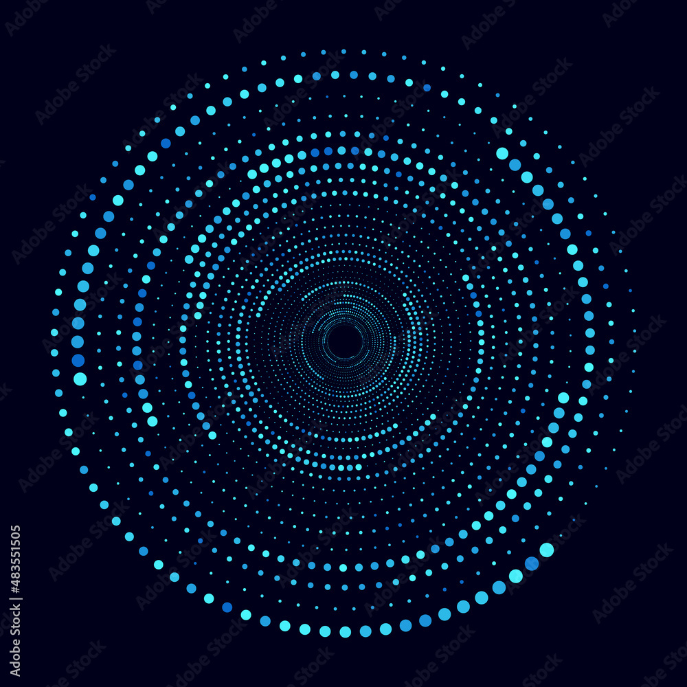 Poster Blue halfrone dots in circle as abstract dynamic background.