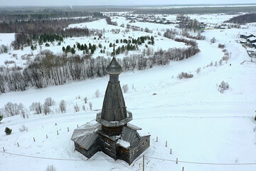 wooden church winter top view, landscape russian north architecture