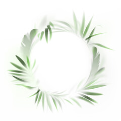 Vector round frame with palm and banana leaves behind frosted glass. The seamless background of the jungle and the tropics in the fog. Selective focus.