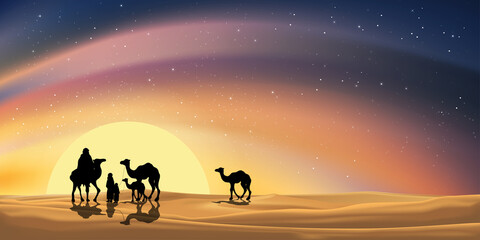 Vector Desert Landscape with Arab family or Muslim caravan riding camels going through the sand dunes with milky way Starry sky with orange sunlight reflection,Ramadan Kareem concept