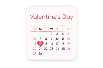 Valentines day calendar with heart shape on 14th February 2022 in pastel color soft pink and red isolated on white background.