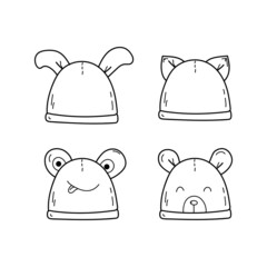 Set baby kawaii hats doodle sketch hand drawn vector elements.