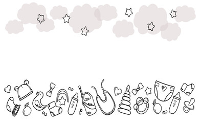 Set of hand drawn baby element. Cartoon sketch style doodle for icon, banner. Elements newborn clothes.
