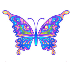 Obraz na płótnie Canvas Hand drawn butterfly in bright neon colors. Han drawing design for t-shirt print or tattoo. Isolated on white vector illustration. Sticker, patch, poster graphic design.