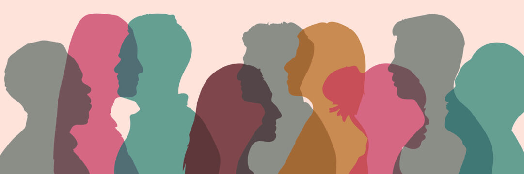 Friendship of diverse cultures and Social network female community. Group multi-ethnic and international women and girl who communicate and share information. Head face silhouette profile.