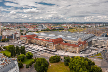 Main Train Station in Leipzig - Summer Drone Aerial Shot Hauptbahnhof the biggest in Europe -...