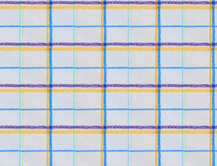 Hand penciled drawn seamless pattern. Cyan, yellow, orange, purple, blue lines check. Paper texture. Grey endless background.