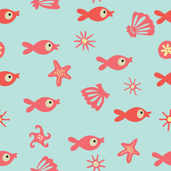Fototapeta premium Summer seamless pattern with cute red fish.