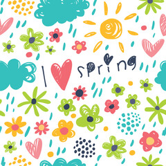 Seamless pattern with sun, clouds, flowers, hearts and polka dots.